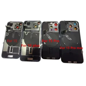 for iphone 15 plus 15 pro max back cover glass housing with frame, wireless charger coil, flash light flex cable bracket